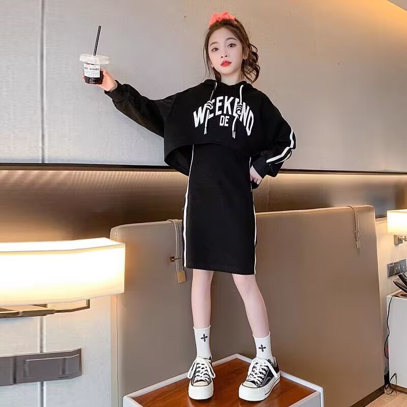 Girls' Spring Hooded Set Big Children's Dress Spring Girl's Korean Style Fashion Sweatshirt Vest Skirt Two-Piece Set