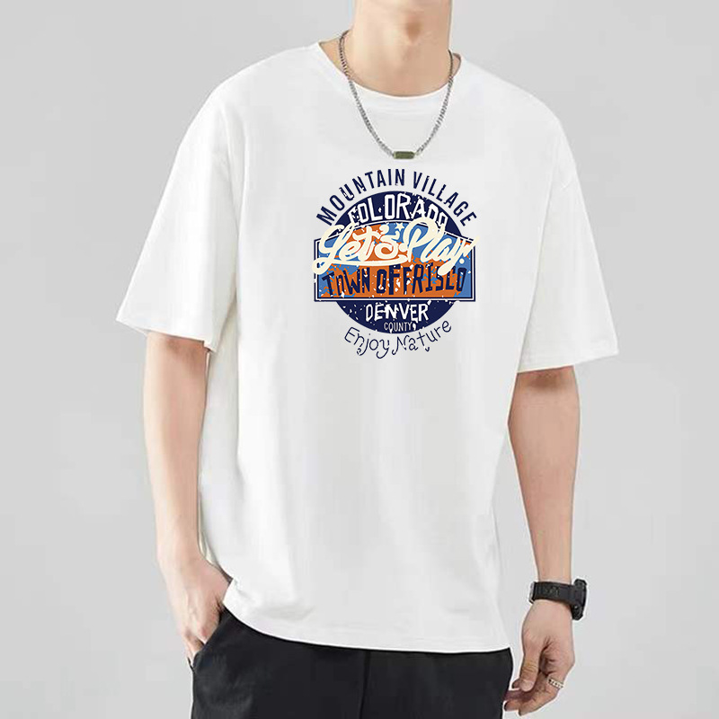 Round Neck T-Shirt Men's Pure Cotton Short-sleeved Summer New Arrival Printed Loose Trendy Casual Round Neck 180 Dropped Shoulder Hong Kong Style Half Sleeve