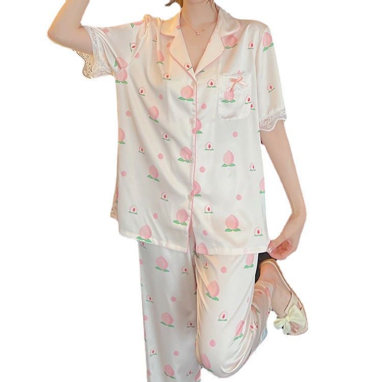 Pajamas Women's Ice Silk Peach Girly Three-Piece Set Thin Cute Home Suit Summer Short-Sleeved Outfit
