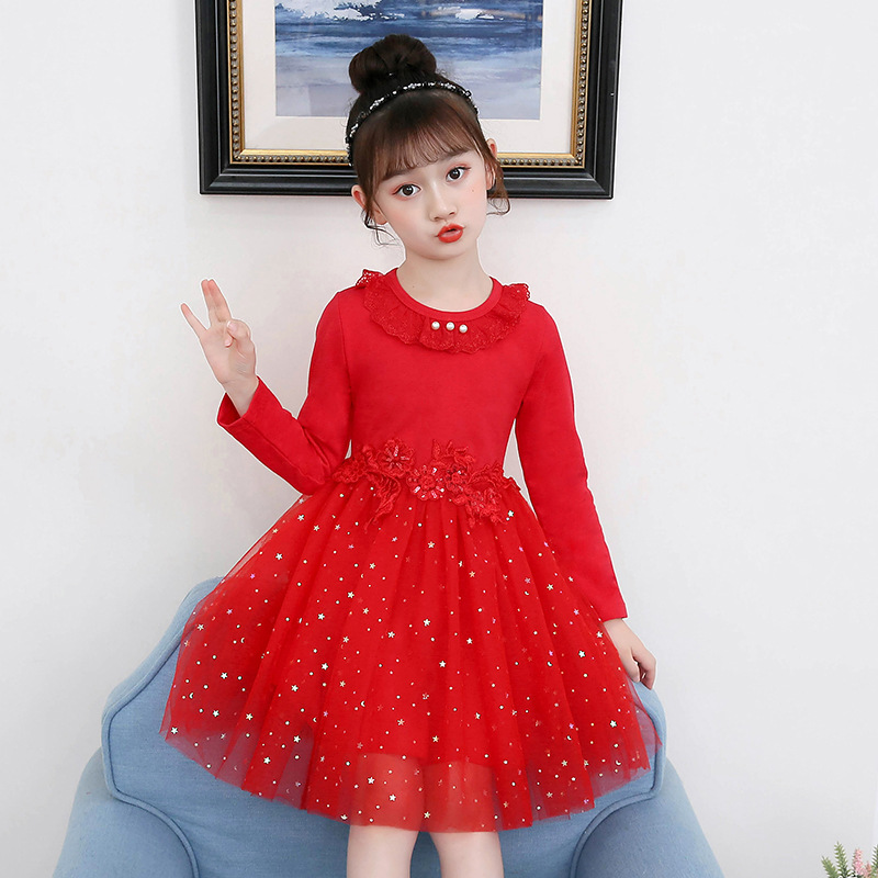 Children's New Girls' Dress Spring 2023 Girl's Western Style Lace Pearl Princess Dress Sweet Sequin Mesh Dress