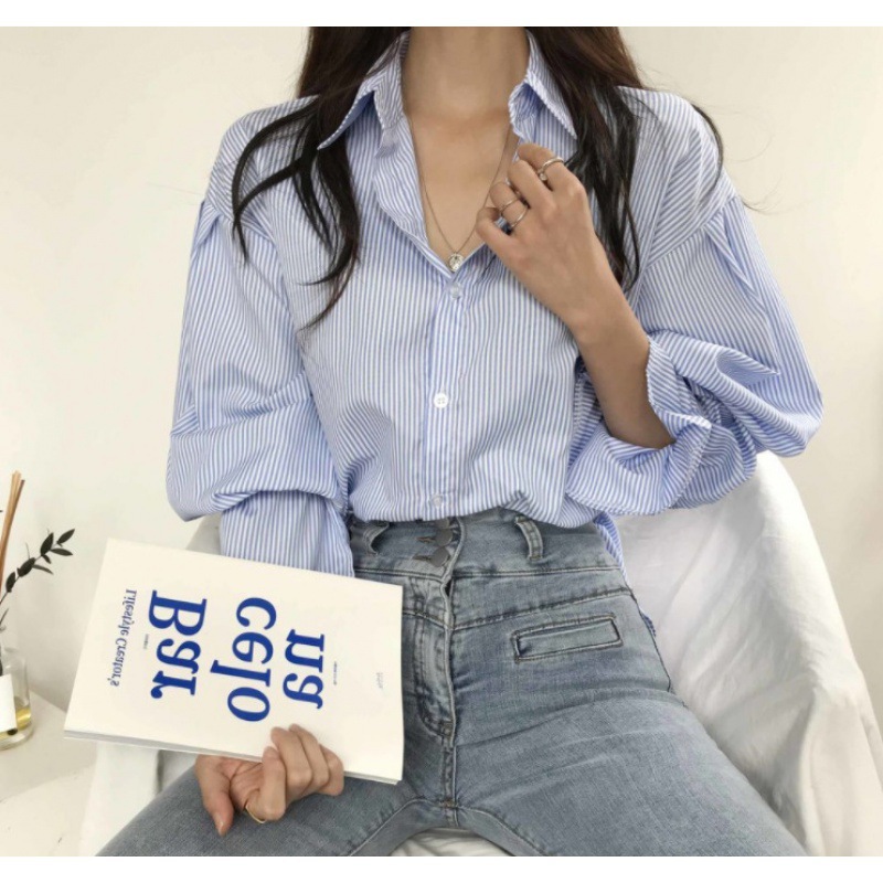 South Korea striped shirt Women's lantern long sleeve early spring autumn chic top design sense niche retro temperament
