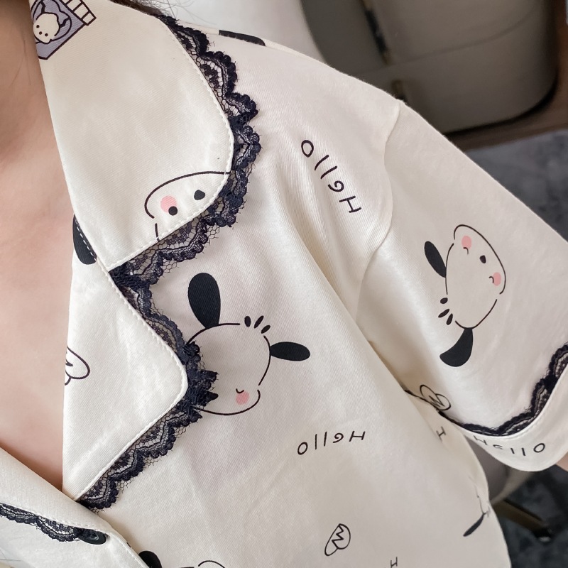 2024 New Children's Suit Girls Cotton Summer Thin Home Clothes Lace Ear Dog Printed Pajamas