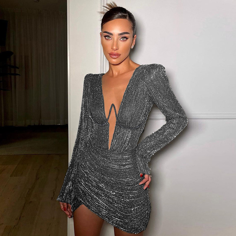 ins European and American Style Women's Clothing Foreign Trade Cross-border Spice Girls Steel Ring Pleated Long Sleeve Tight Sexy Shoulder Pad Deep V-neck Dress