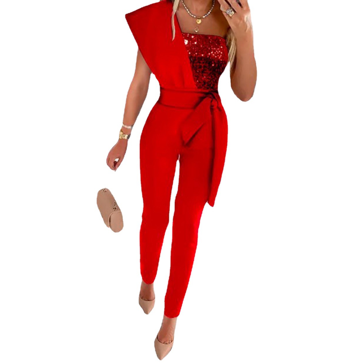 Cross-border European and American foreign trade printed jumpsuit solid color sleeveless belt decorative jumpsuit slim-fit stitching bead women's clothing