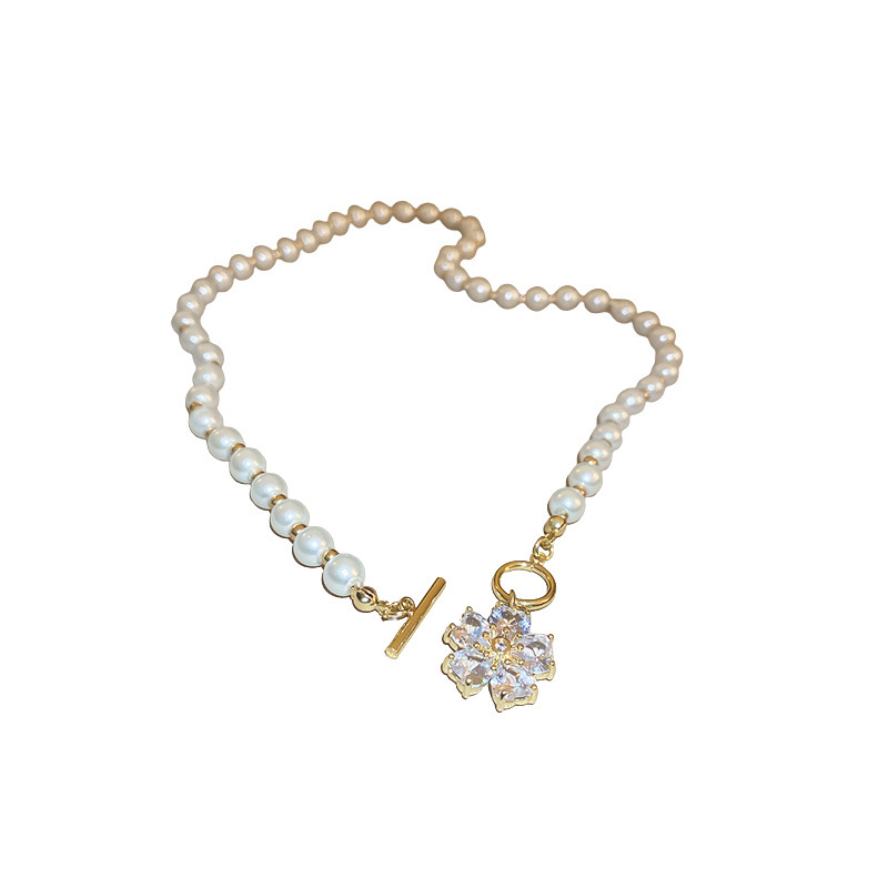 French Retro Diamond-encrusted Pearl Flower Love Cat's Eye Necklace Fashion Light Luxury Clavicle Chain High-grade Necklace for Women