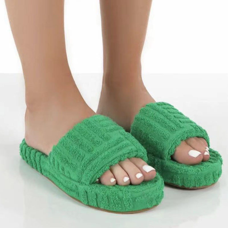 2022 spring and autumn new one-word thick-soled Mao Mao slippers women's embossed cotton slippers European and American foreign trade plus size towel slippers women