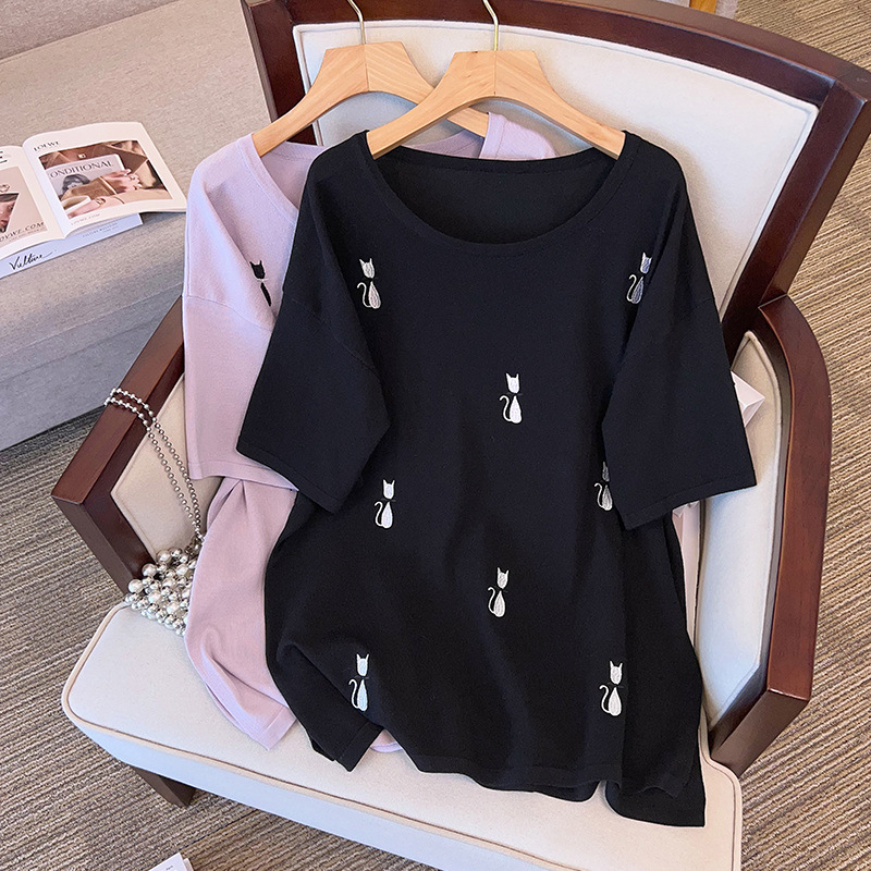Large size women's summer ice silk knitted jacket fat sister slim 200/300kg short sleeve T-shirt 8188