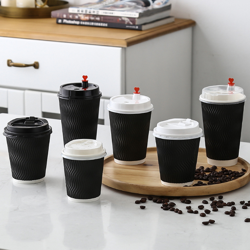 Disposable Coffee Cup Thickened 16oz Yellow Vertical Corrugated Double Layer Paper Cup Amazon Packed Hot Milk Tea Cup