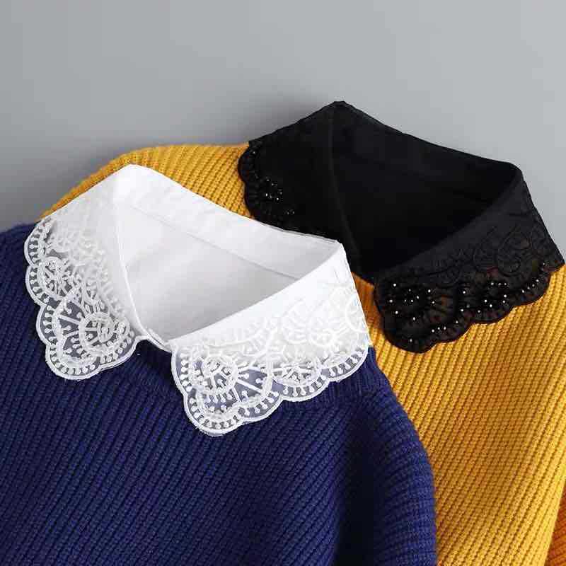 Factory direct sewing drill black and white cotton base pullover collar Joker adult solid color small hollow Korean fake collar