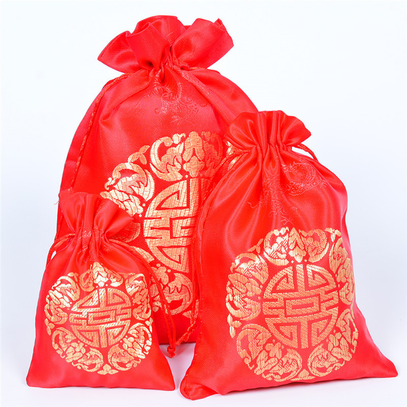 Red Fuzi brocade satin bag drawstring embroidery candy gift packaging bag jewelry storage bag spot