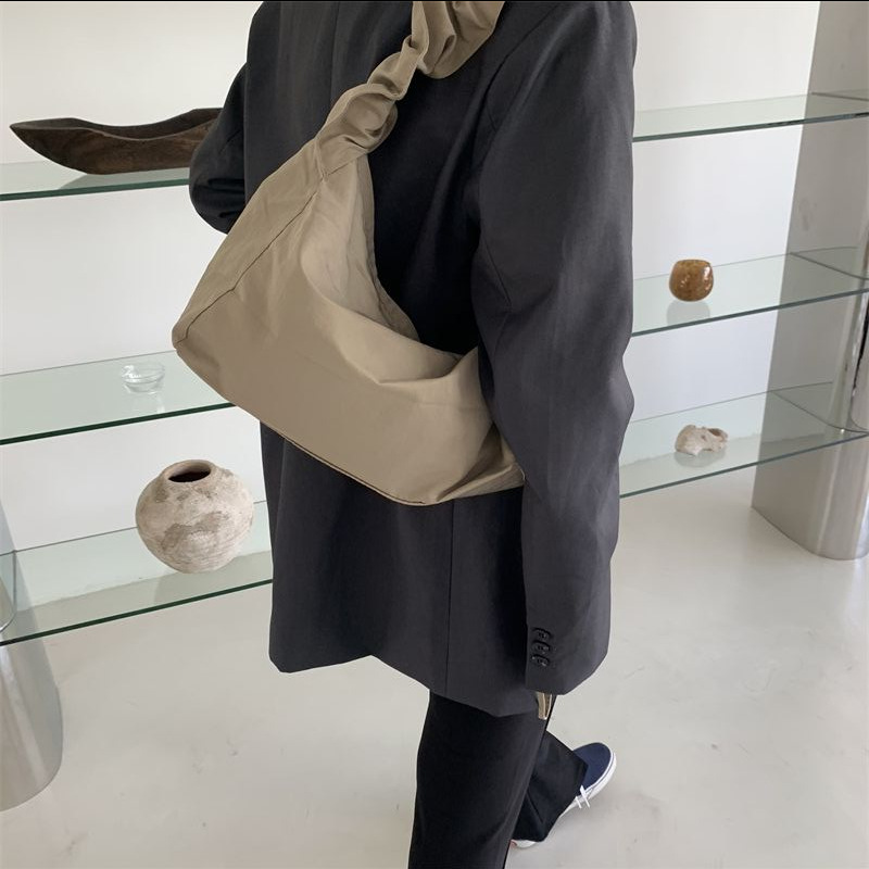 Canvas Bag Women's Korean-style Single-shoulder Pleated Drawstring Canvas Bag Small Fresh Artistic Solid Color Portable Crossbody Casual Women's Bag_voghion.com