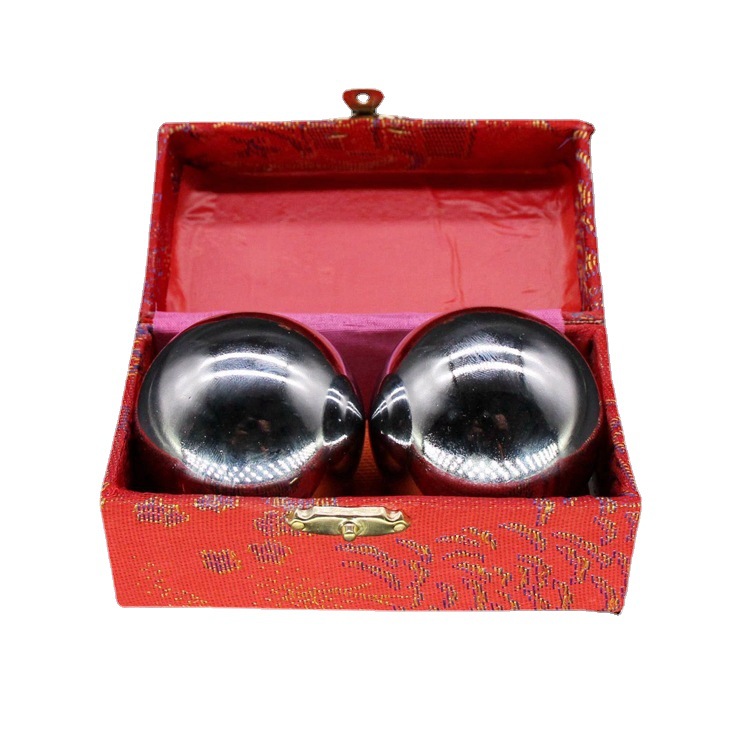 Baoding Fitness Iron Ball Brocade Box Chrome-plated Solid Like Silver Hollow Ring Tone Hand Massage Middle-aged and Elderly Fitness Handball