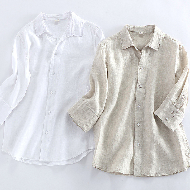 926 Pure Linen White Men's Shirt Three-quarter Sleeve Linen Material Loose Thin Breathable Solid Color Shirt Men's Middle Sleeve