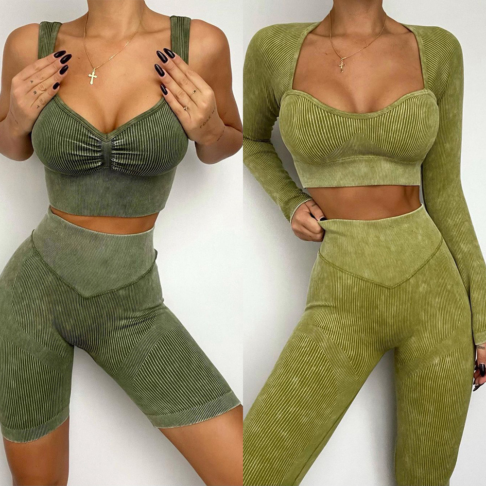 Spot INS Cross-border New Sandwash Seamless Yoga Suit Women's Rib Long Sleeve Sports Fitness Suit High Waist Hip Pants