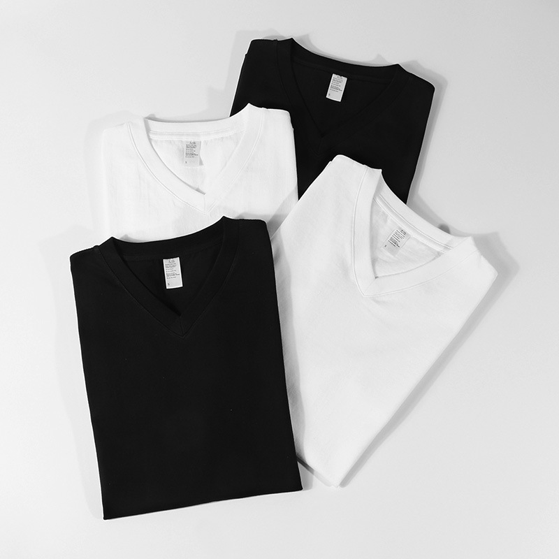 250g Japanese style heavy thick pure cotton V-neck short sleeve basic bottoming shirt T-shirt men's and women's solid color chicken collar t-shirt