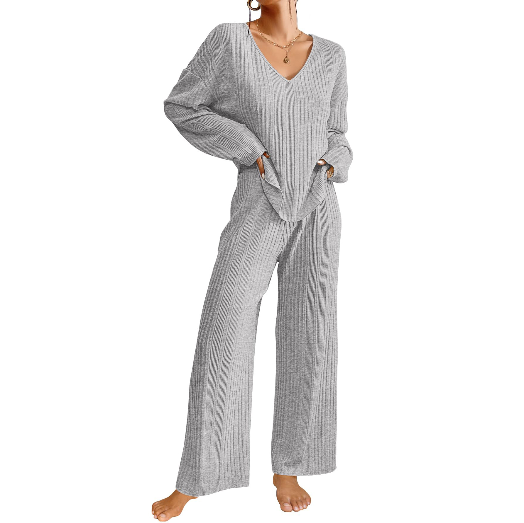 Autumn and Winter cross-border European and American Foreign trade Women's Home wear suit long-sleeved trousers two-piece rib warm home pajamas
