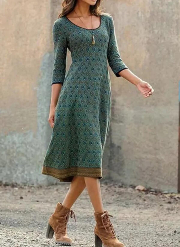Amazon 2023 Autumn and Winter Dress Cross-border Women's Round Neck Printed Long Sleeve Bohemian Style Stitching Long Dress