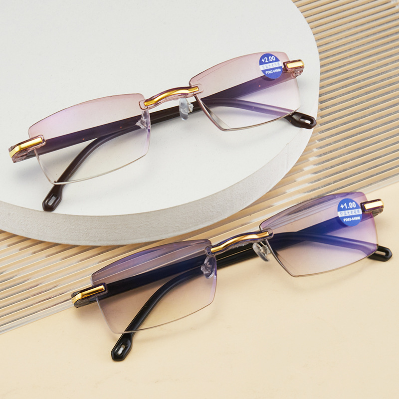 2020 new rimless Diamond trimmed reading glasses anti-blue blue film one-piece Men's folding reading glasses wholesale