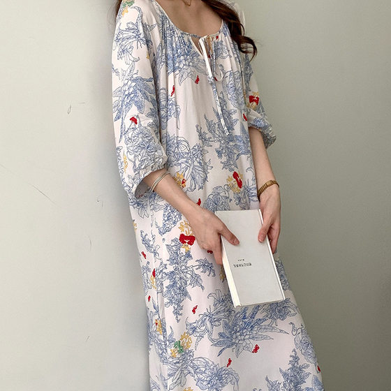 2024 New National Style Nightgown Women's Summer Elegant High-end Cotton Silk Pajamas for Seaside Vacation New Chinese Style Cotton Silk Long Dress