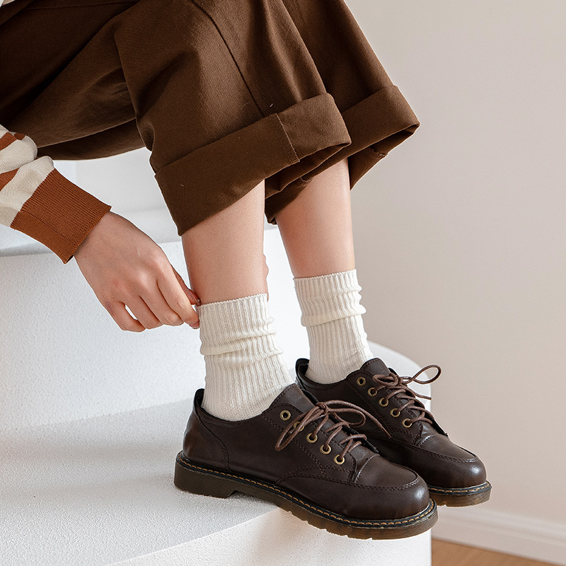 Autumn and Winter New Double Needle Stacking Socks Women's Middle Stockings Solid Color Cotton Socks JK Japanese Style White Socks Ins Trendy All-Match