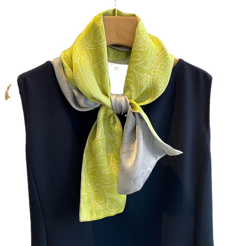 Double-layer Long Silk Scarf Ribbon 100 Mulberry Silk All-match Scarf Green Cashew Flower Women's Scarf for Mother