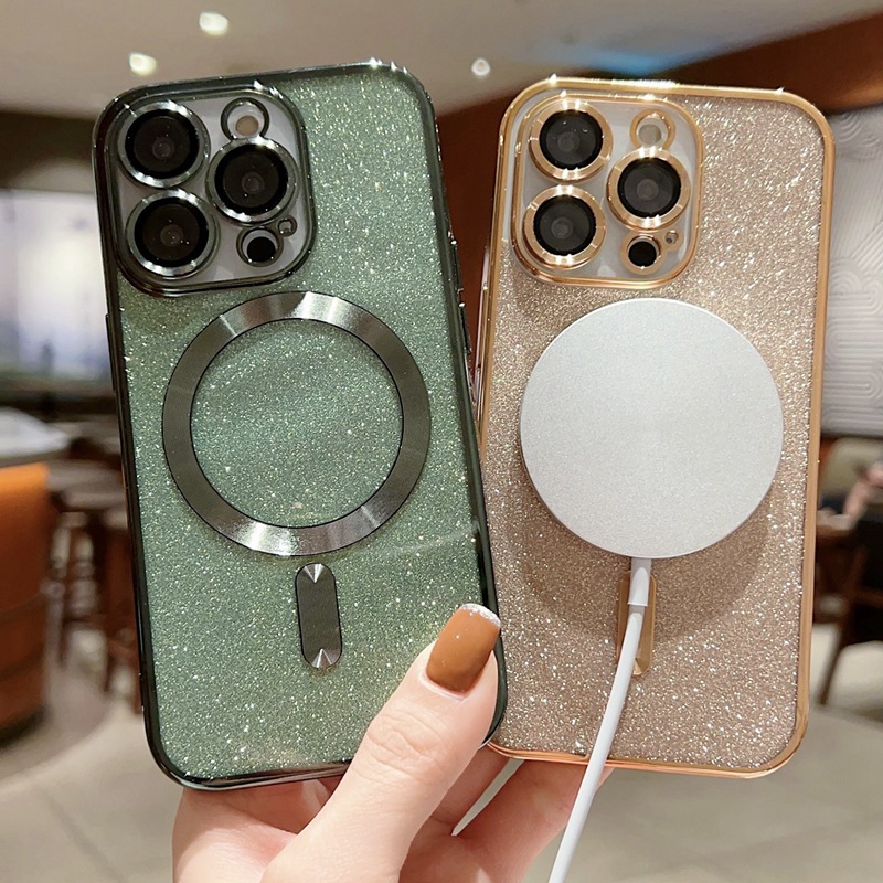 適用iphone15手機殼電鍍磁吸蘋果14promax閃粉13帶鏡頭膜12保護套
