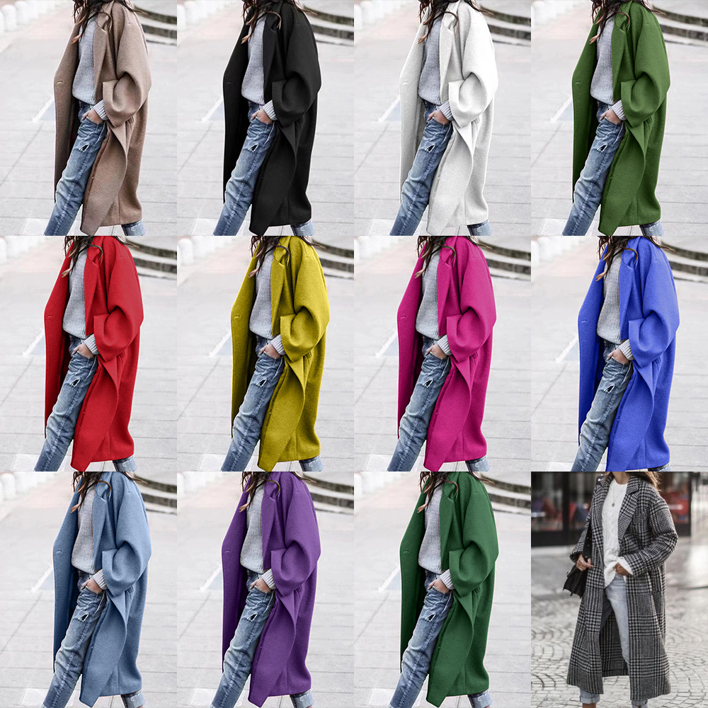 European and American autumn and winter long woolen coat color temperament commuting beltless lapel loose woolen green coat for women