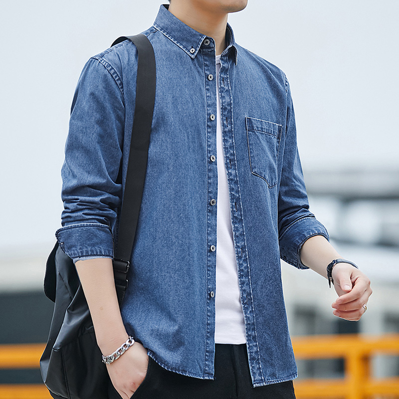Spring Men's Denim Jacket Solid Color Shirt Korean Style Top Casual Thick Youth Loose Long Sleeve Large Size Shirt