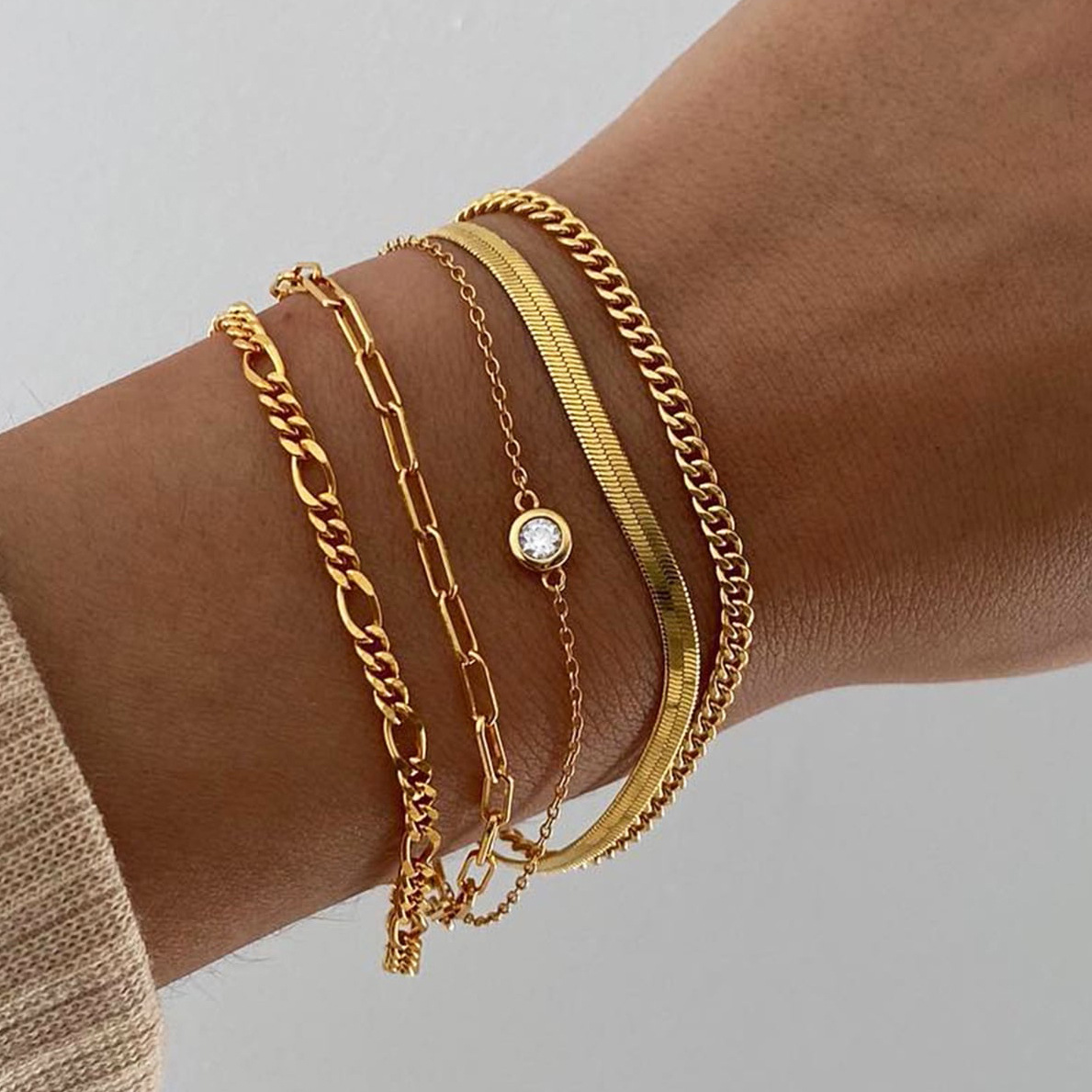  new snake bone chain bracelet suit 5-piece fashion simple diamond-embedded chain multi-layer stacked bracelet for women_voghion.com