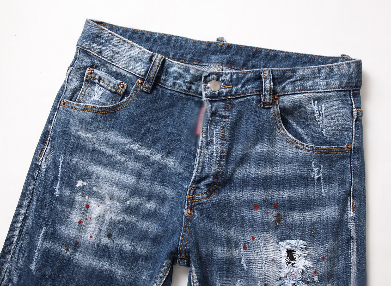 Europe and the United States new tattered disorderly line splash paint men's slim hole Big badge elastic D2 small straight tube trendy men's jeans