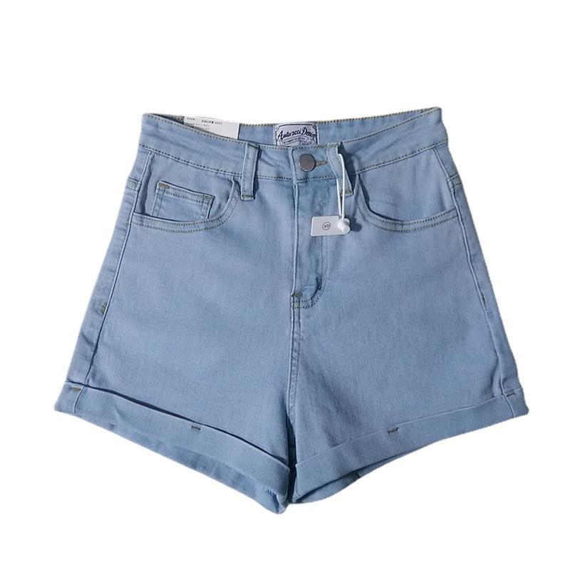 2023 Spring and Summer Cyber Celebrant Hyun Ya Style All-match Curled Denim Hot Pants Women's Elastic High Waist Slimming Tight Shorts