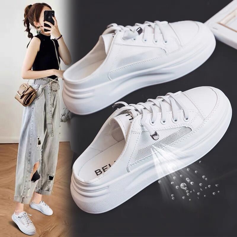 2023 New Spring and Summer Women's Single Shoes Trendy All-match Casual Sneakers Inner Height White Shoes Women's Slippers Outer Wear