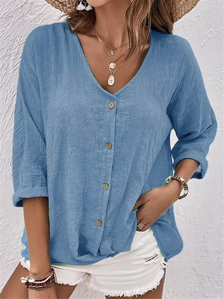 2023 Amazon cross-border foreign trade Europe and the United States new V-neck pullover short sleeve loose women's shirt casual top