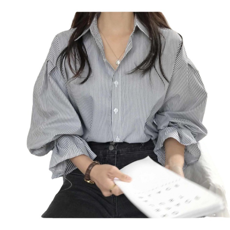 South Korea striped shirt Women's lantern long sleeve early spring autumn chic top design sense niche retro temperament