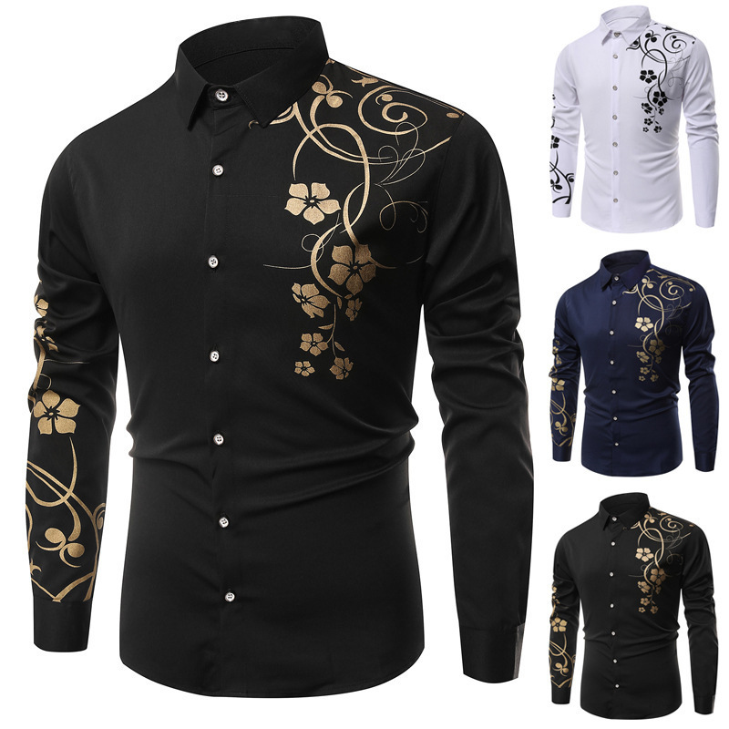 European and American new cross-border plus size men's simple shoulder printing business slim men's long-sleeved shirt fashion top