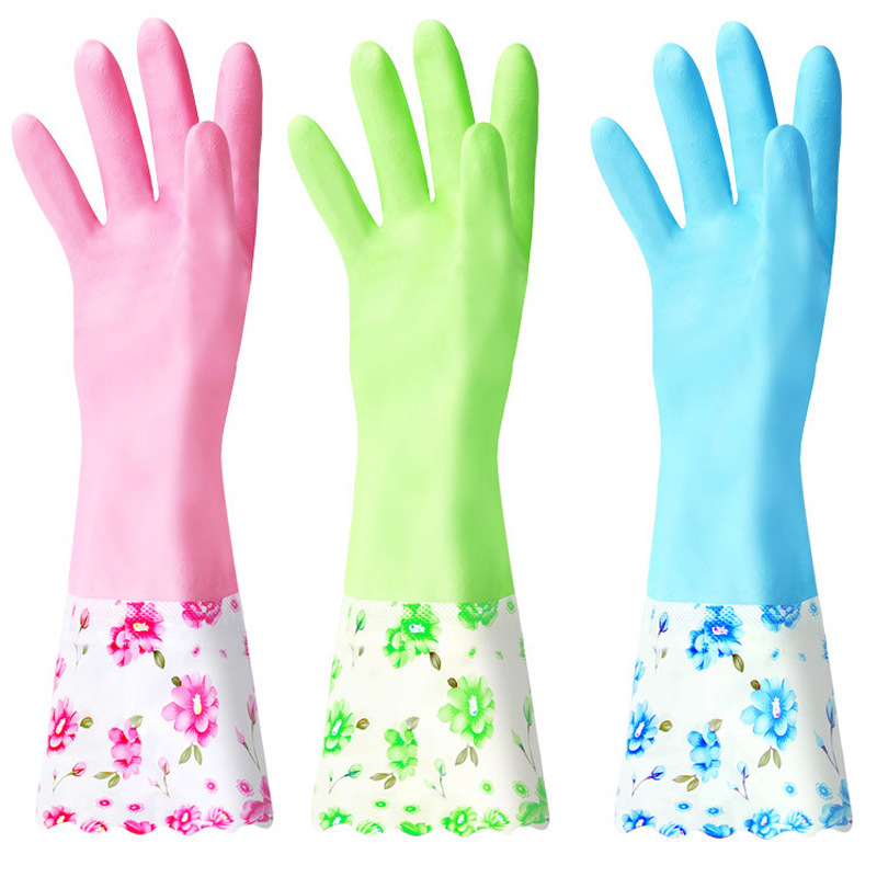 Thickened fleece-lined dishwashing gloves winter kitchen cleaning waterproof laundry rubber latex household gloves wholesale