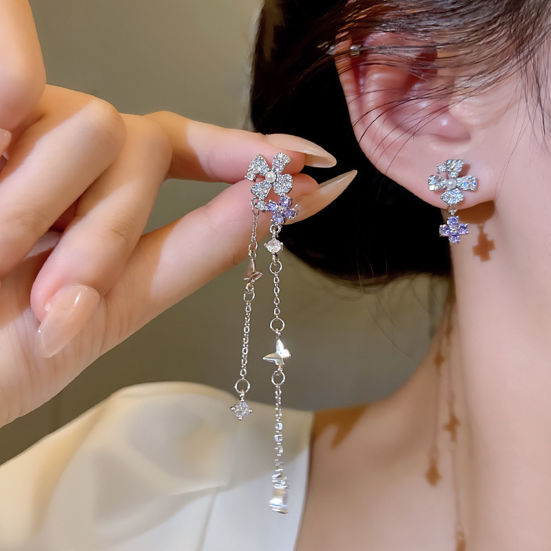 韓版新款不對稱花朵流蘇耳環女輕奢高級感超仙長款鑲鑽耳釘耳飾品