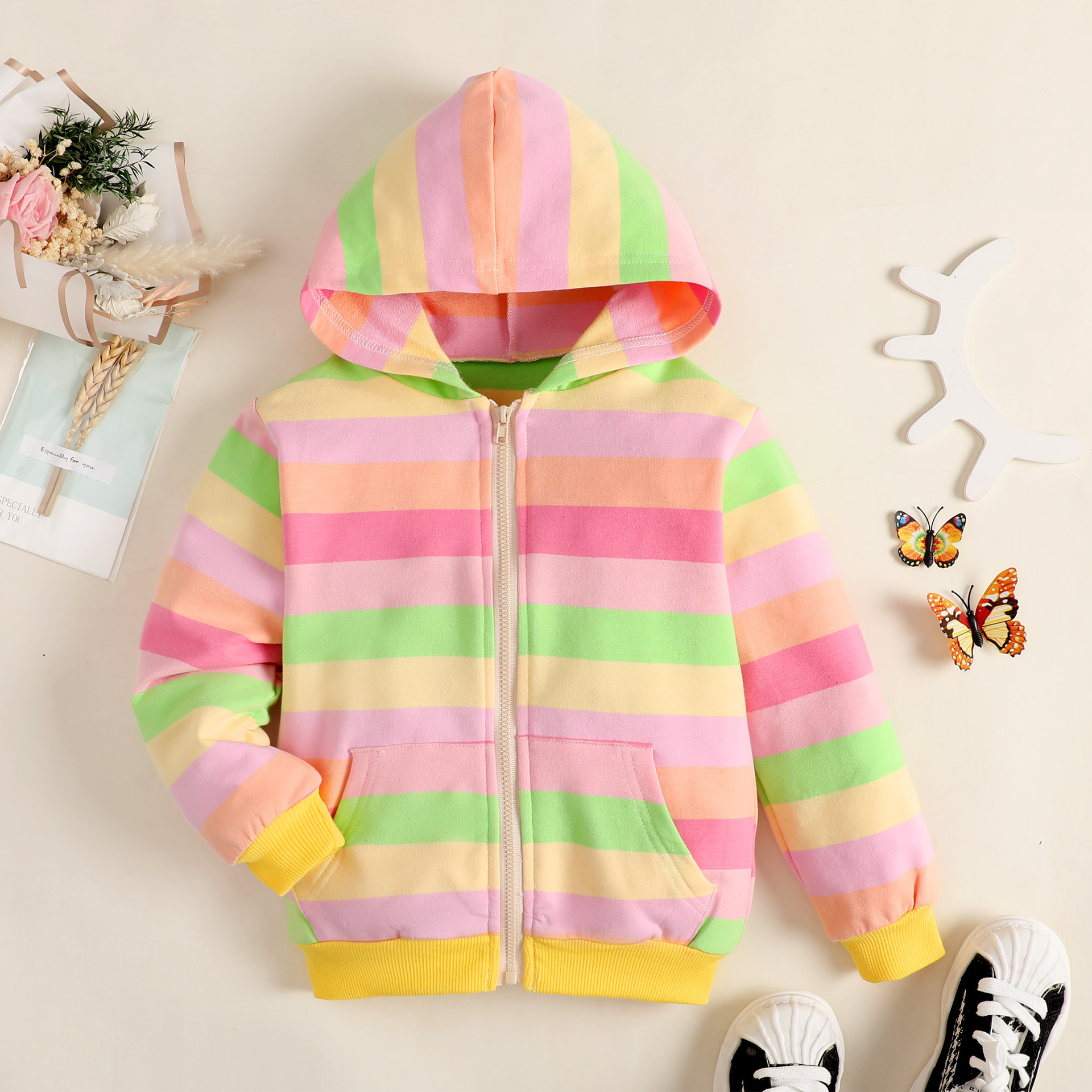 Girls' Spring and Autumn Coat 2022 New Children's Western Style Top Baby Korean Rainbow Cotton Sweater Zipper Shirt