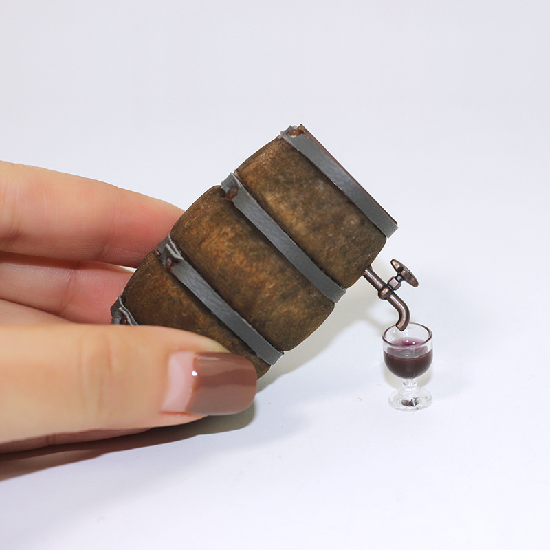 Miniature dollhouse winery scene retro Mini 1 red wine barrel +1 tap +2 glass N116
