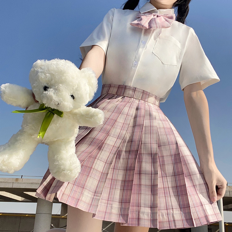jk uniform skirt spring and autumn short sleeve plaid skirt bow tie suit full set Japanese college style student