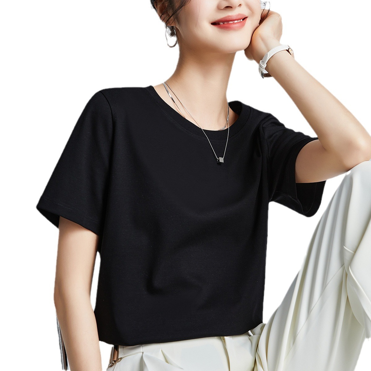 80 Double-sided mercerized cotton Slim-fit Simple White Short-sleeved T-shirt Women's Summer 2025 New Round Neck Base Shirt