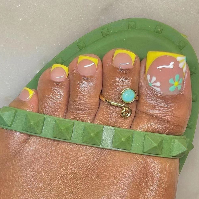 黃邊法式腳甲白綠小花指甲貼可拆卸甲片指甲片美甲甲片false nail