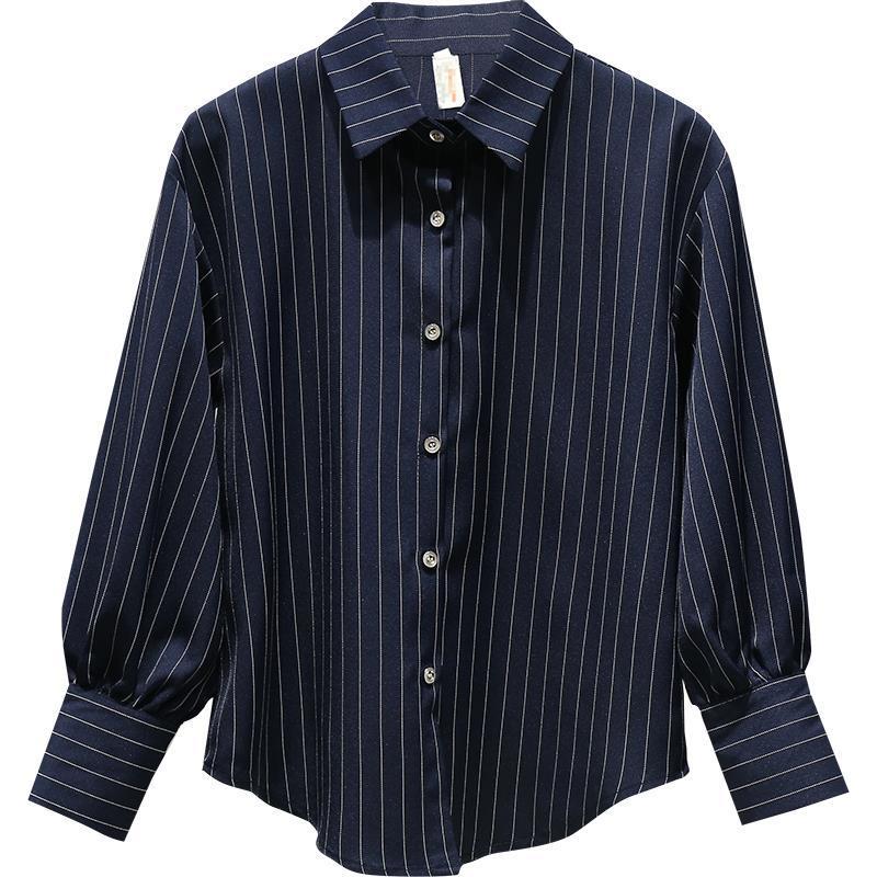 2024 new women's striped shirt design sense niche temperament retro Hong Kong style business wear spring and autumn clothing shirt