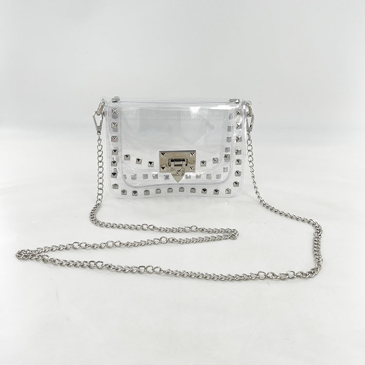 2023 New European and American Jelly Bag Rivet Decorative Transparent Bag Shoulder Crosbody Bag Chain Amazon Cross-border Fashion