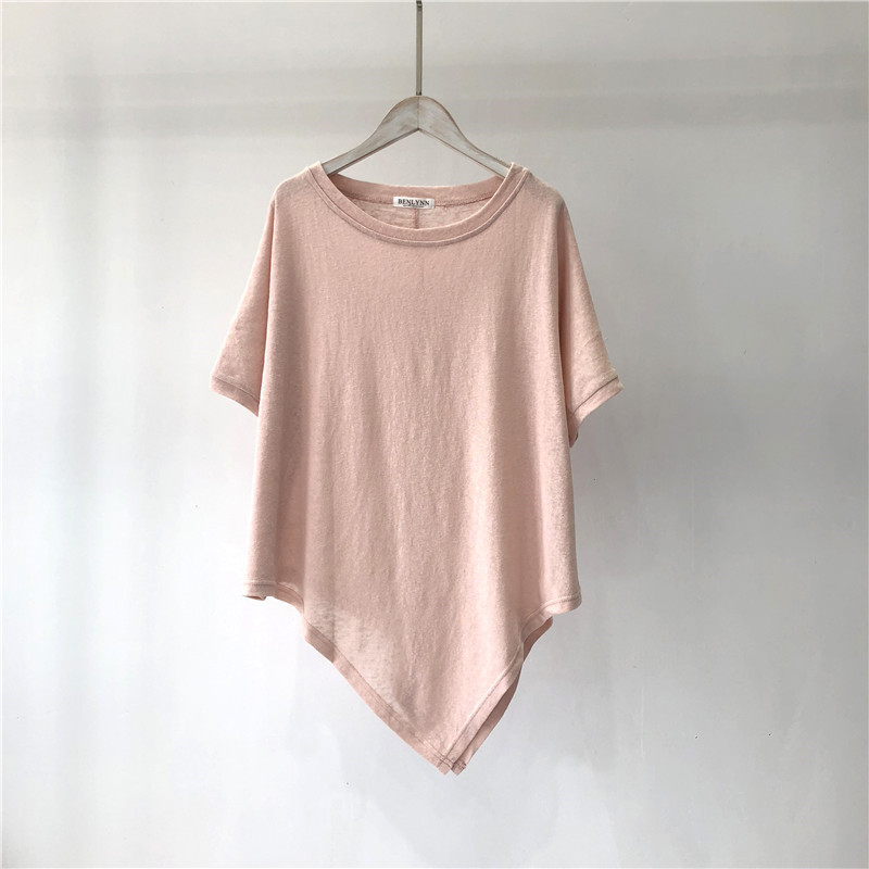 Containing Cotton Solid Color Irregular Hem Summer Short-sleeved T-shirt Women's Loose Round Neck Solid Color Base Shirt Top Women's Clothing