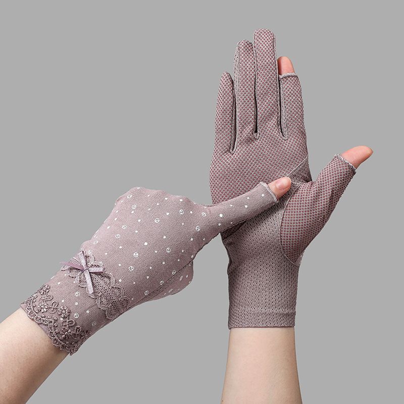Spring, Summer and Autumn 7019 Women's Thin Lace Exposure Finger Leakage Finger Driving Ride UV Protection Sun Protection Gloves