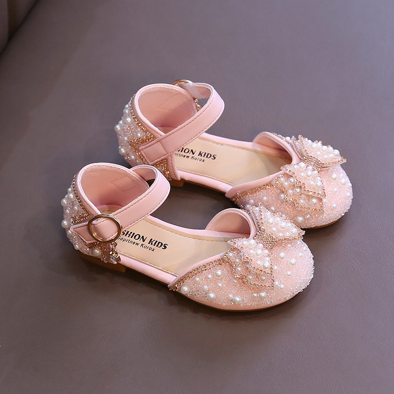 Girls' Sandals 2024 Spring and Summer New Pearl Soft Sole Children's Shoes Big Children's Princess Shoes Spring Girls Leather Shoes
