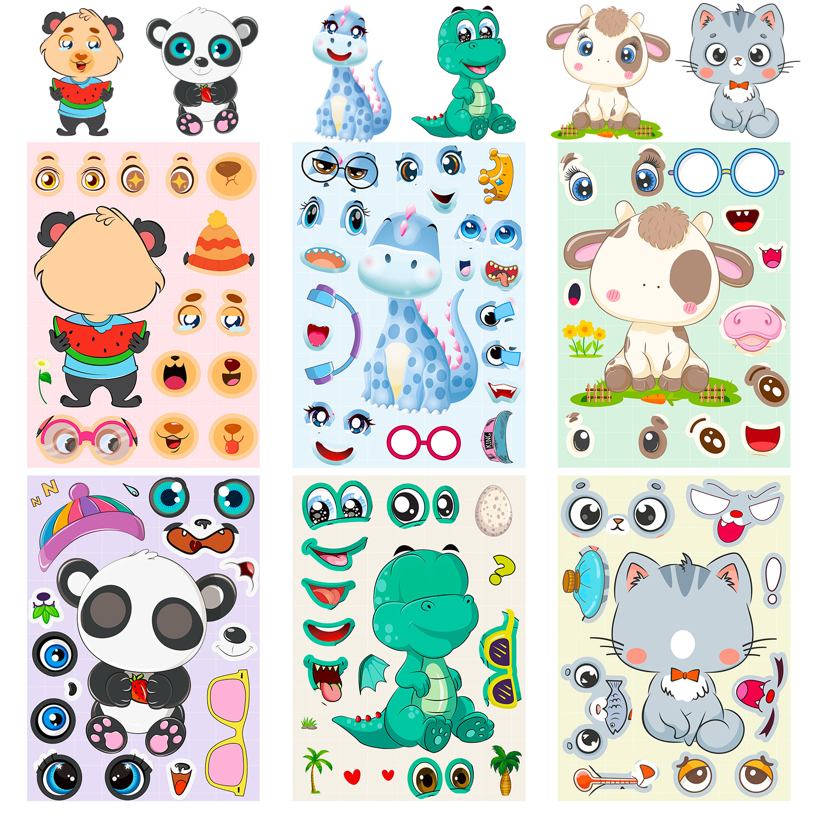 Cross-Border 6 sheets/pack small animal puzzle stickers children's early education face changing stickers baby puzzle diy early education puzzle stickers