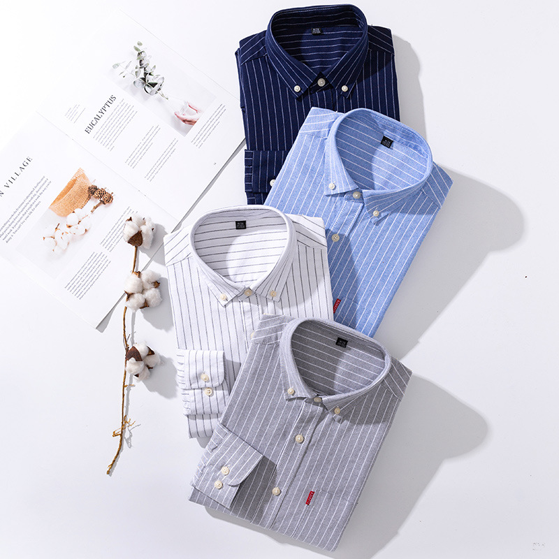 New Style All Cotton Long Sleeve Casual Plaid Pure Cotton Oxford Spinning Shirt Men's Business Stripe Korean Style Slim-fit Non-ironing Shirt