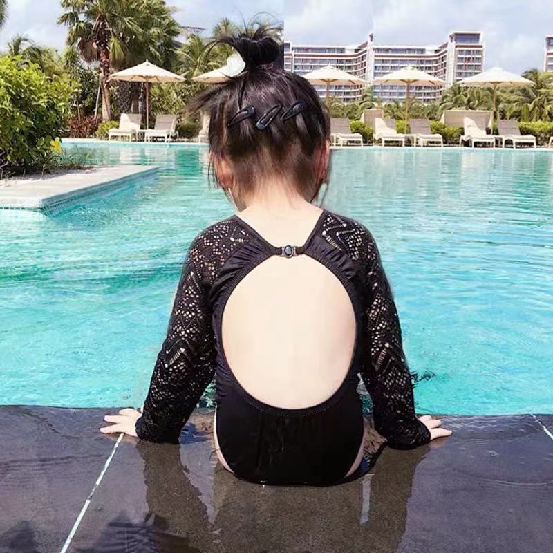 Korean Cute Girls' Swimwear Children's One-piece Long-sleeved Swimwear Sunscreen Lace Backless Baby Swimwear